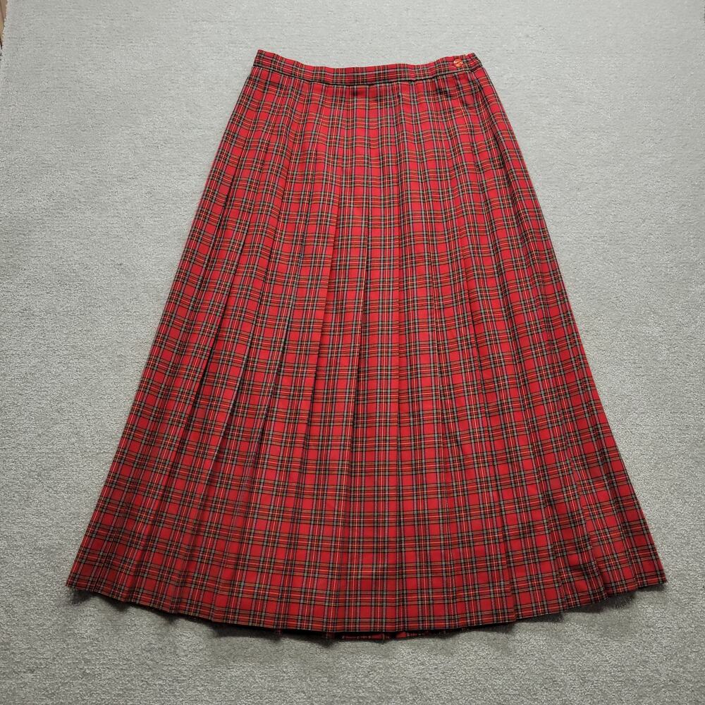 Vintage Susan Bristol Womens 12 Red Tartan Plaid Pleated Maxi Skirt Made USA